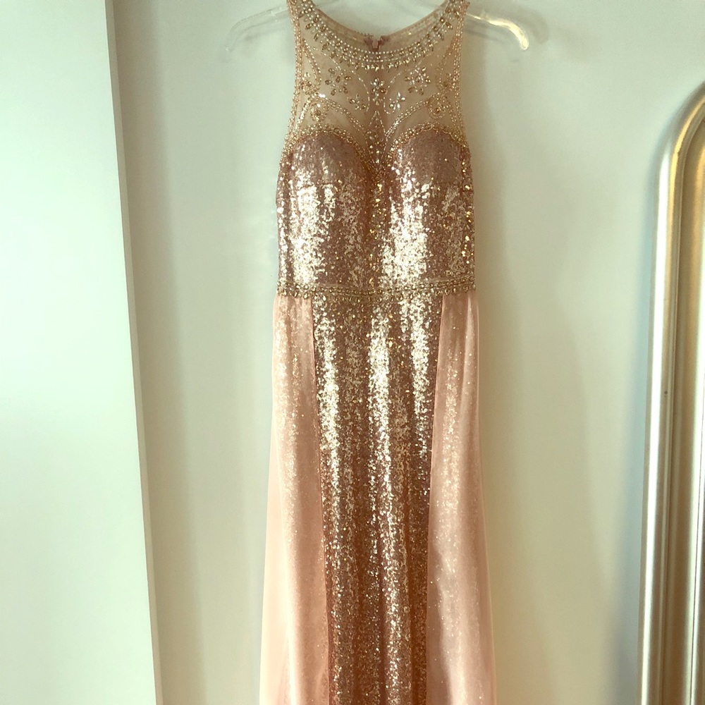 Rose Gold Sequin Evening Gown w/ Chiffon Overskirt